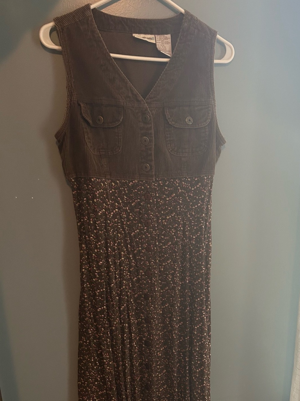 kathy ireland Brown Maxi Dress with Corduroy Bodice and Printed Skirt